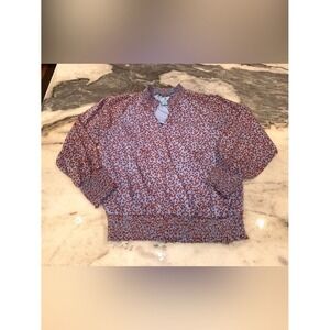 CeCe Size Medium Women's Floral Pullover Blouse in Lavender and Rust